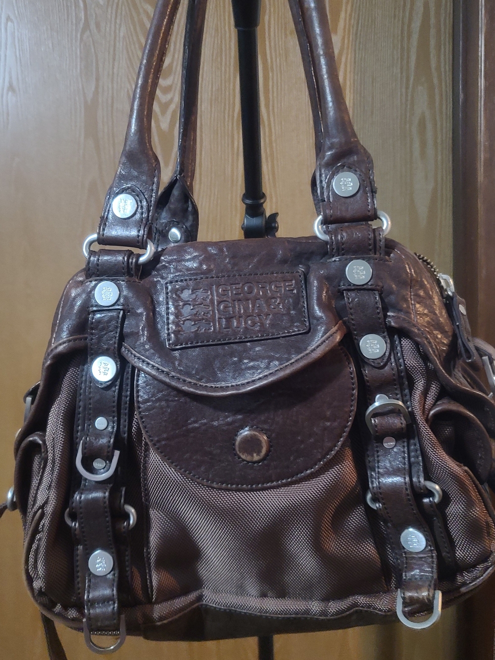 Brown Leather-Trim and Canvas Crossbody Bag